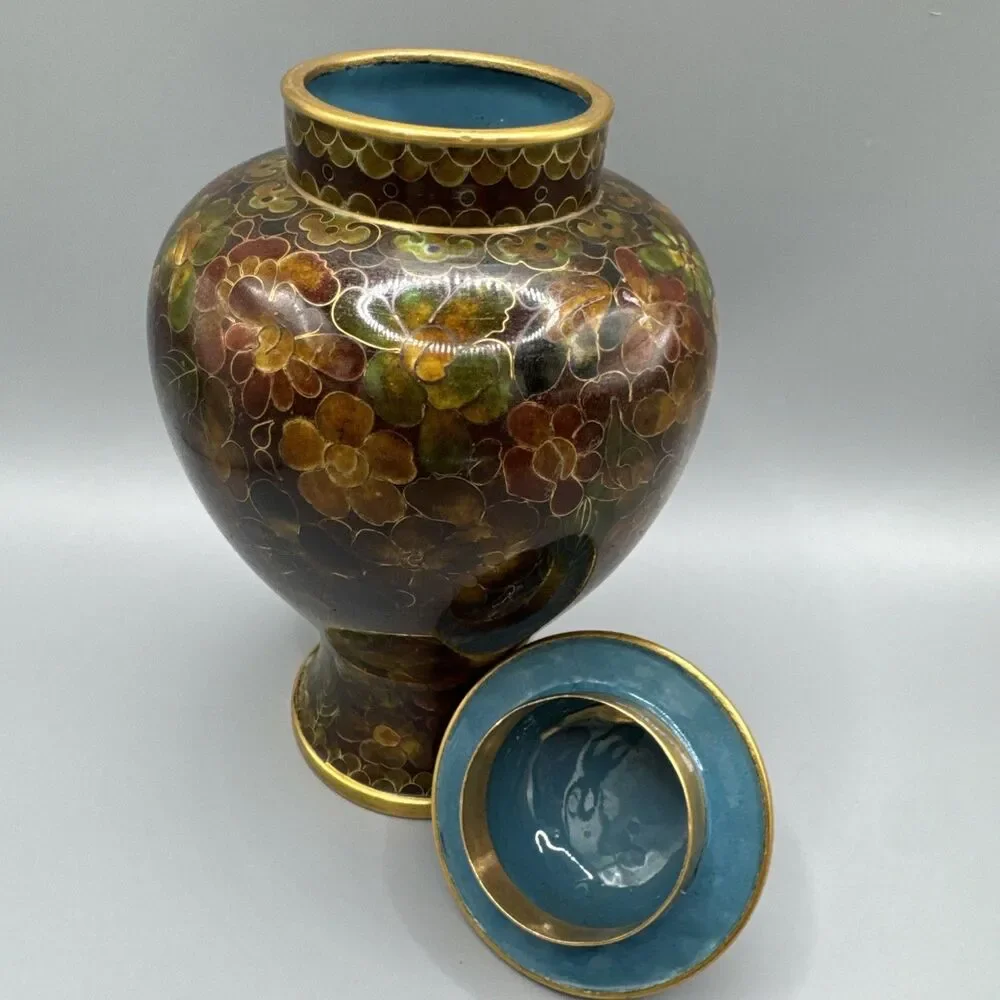 Elegant 8.5” VNT Chinese Thousand Flower Millefleur Cloisonne Brass Ginger Jar